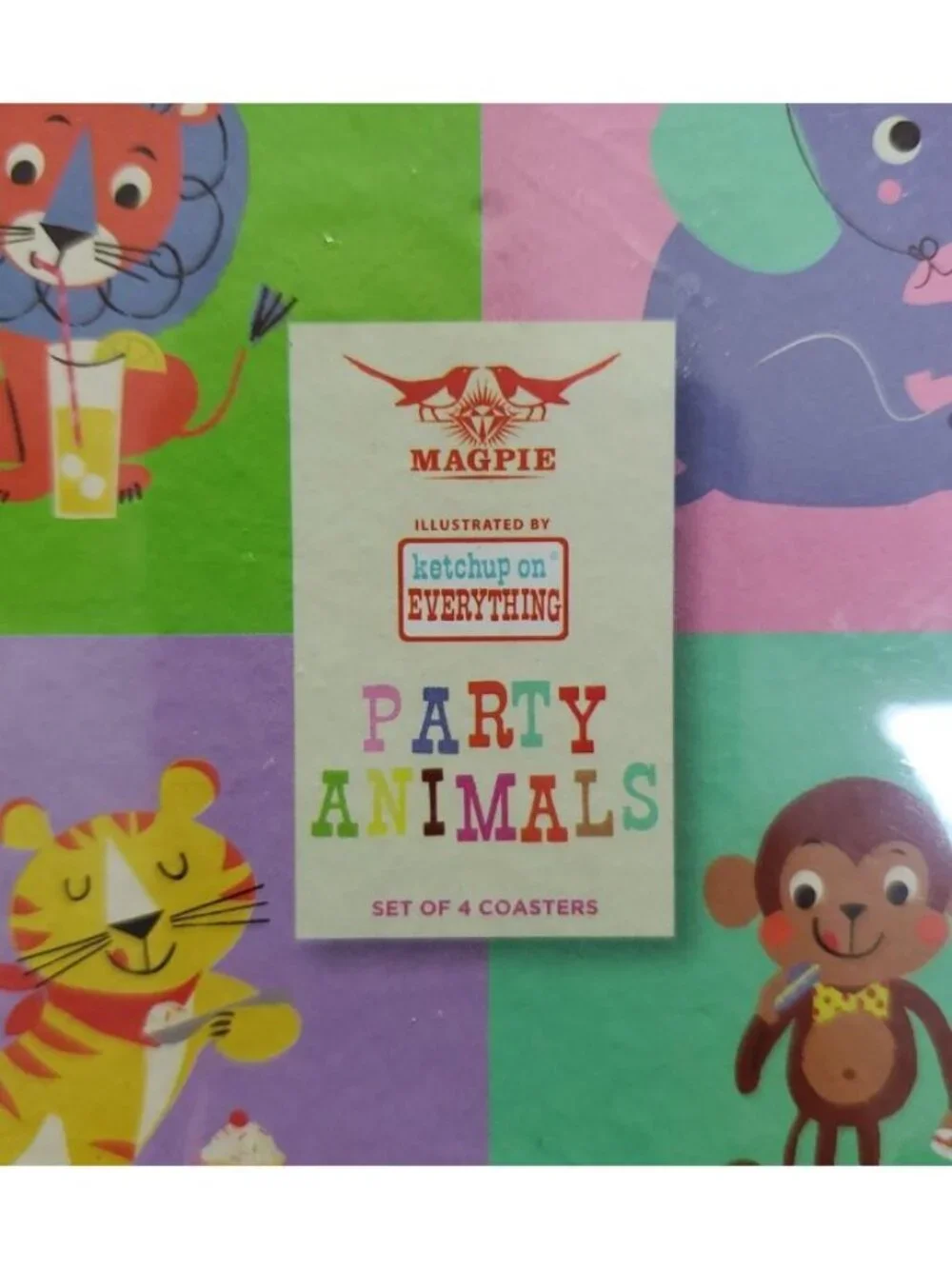 Party Animals Coasters - Magpie Set Of 4 Cork Backed Tiger Lion Monkey Elephant